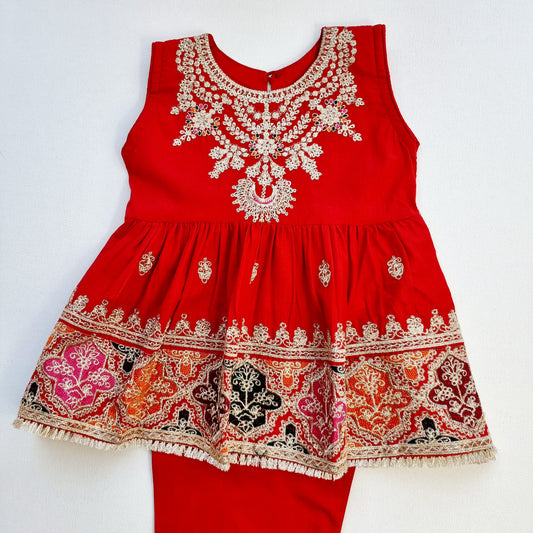 Baby Girl Embroidered Frock and Trouser || Blood Red Baby Girl Dress Perfect for Eid and Occasion Wear