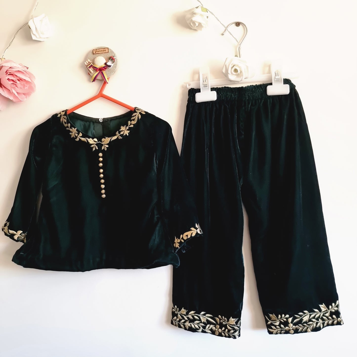 Baby Girls Bottle Green Solid Velvet Suit Set || Baby Girl Dress, Girls Wedding Dress, Indian Dress, Princess Dress, Twirl Dress