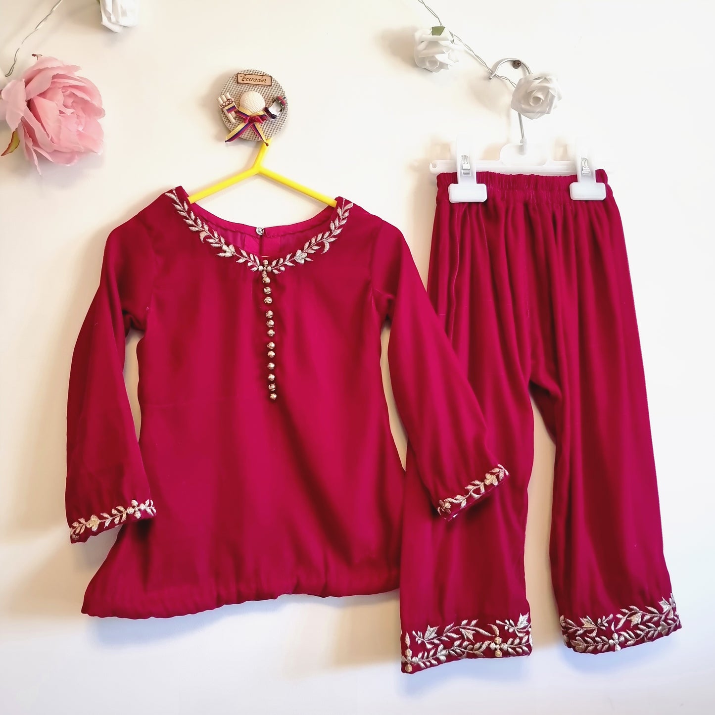 Baby Girl Red Velvet Frock With Velvet Embroidery Trouser Perfect for Wedding, Party, Birthday & Occasion Wear