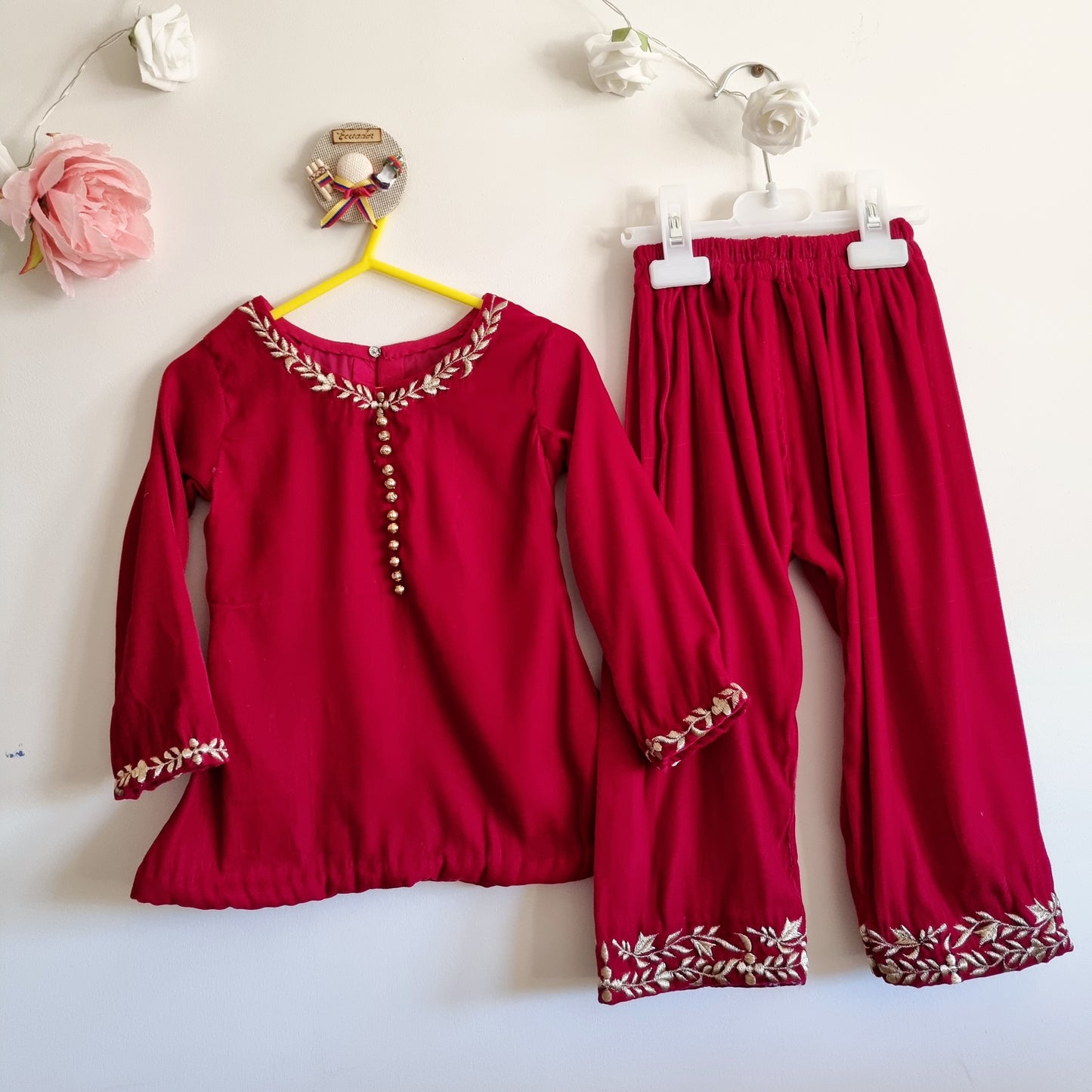 Baby Girl Red Velvet Frock With Velvet Embroidery Trouser Perfect for Wedding, Party, Birthday & Occasion Wear