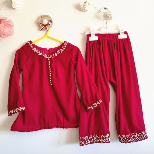 Baby Girl Red Velvet Frock With Velvet Embroidery Trouser Perfect for Wedding, Party, Birthday & Occasion Wear