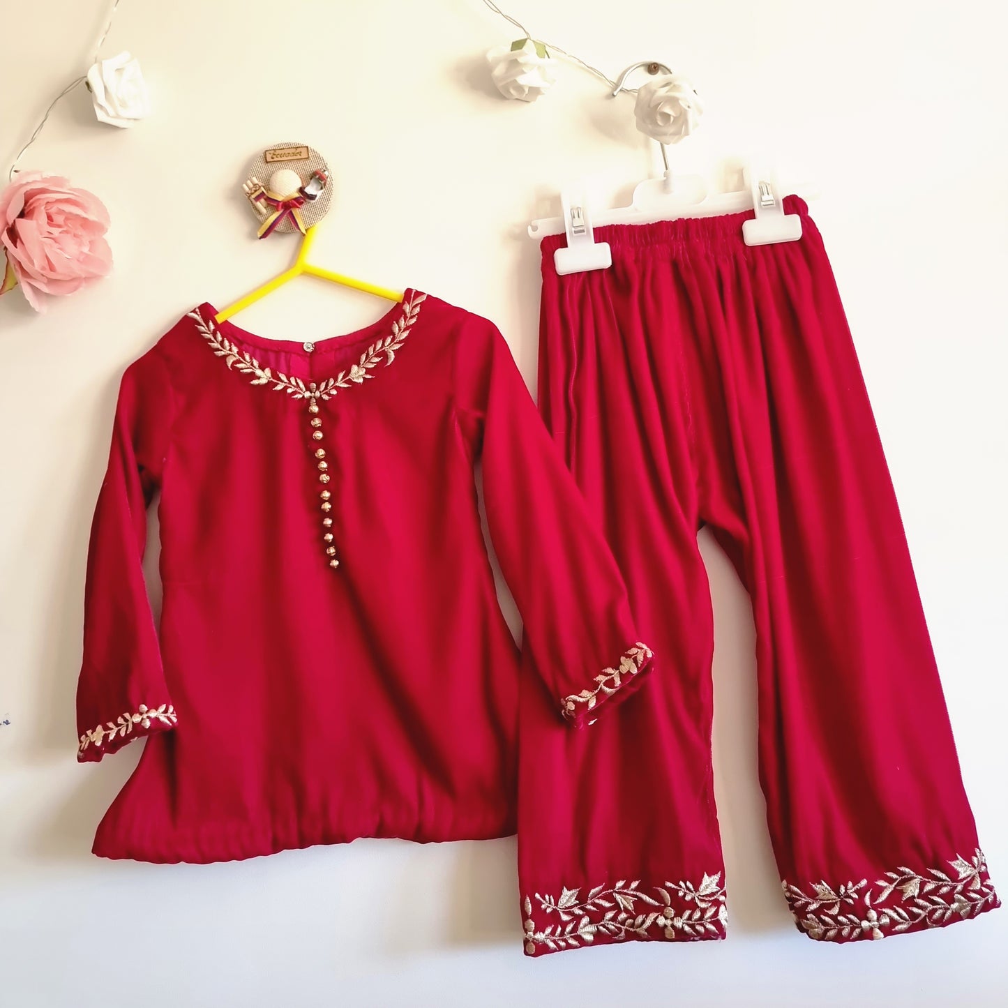 Baby Girl Red Velvet Frock With Velvet Embroidery Trouser Perfect for Wedding, Party, Birthday & Occasion Wear