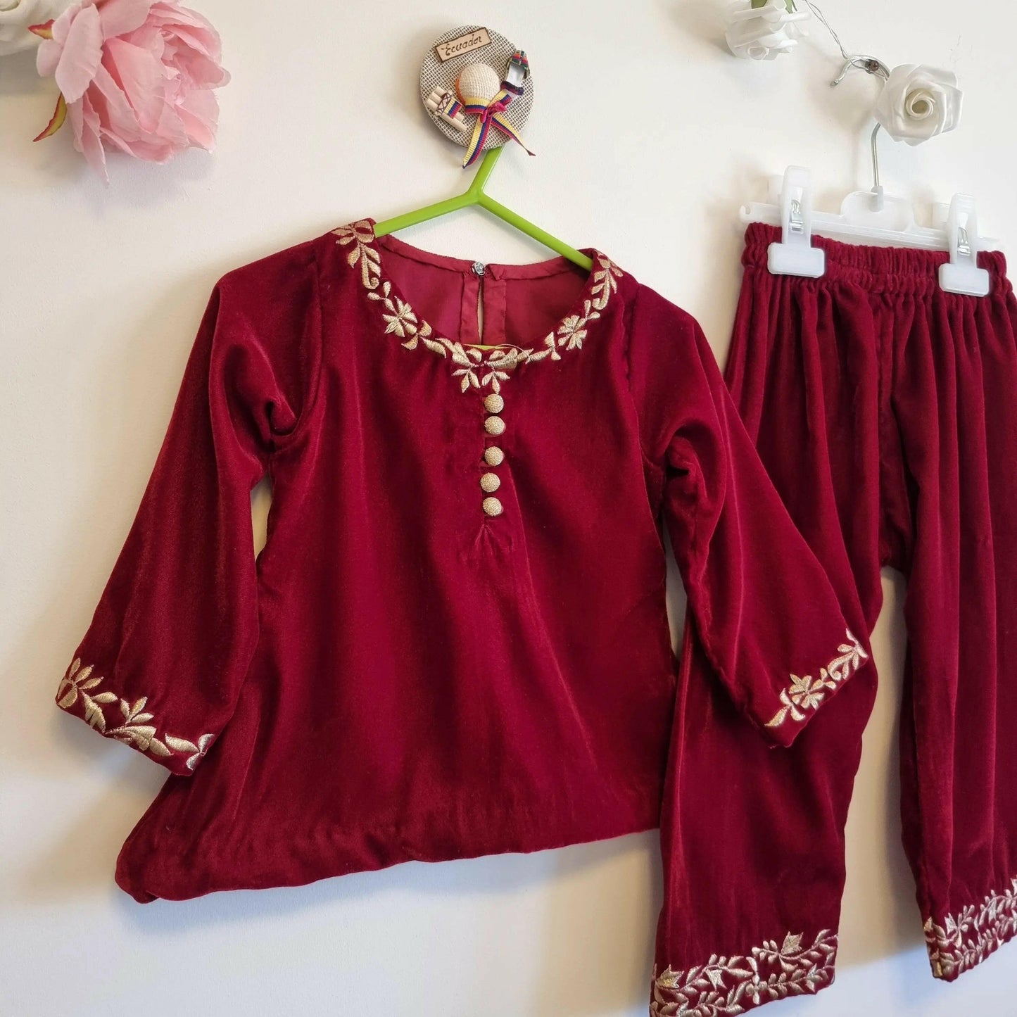 Maroon Velvet Winter Baby Girl Embroidered Outfit