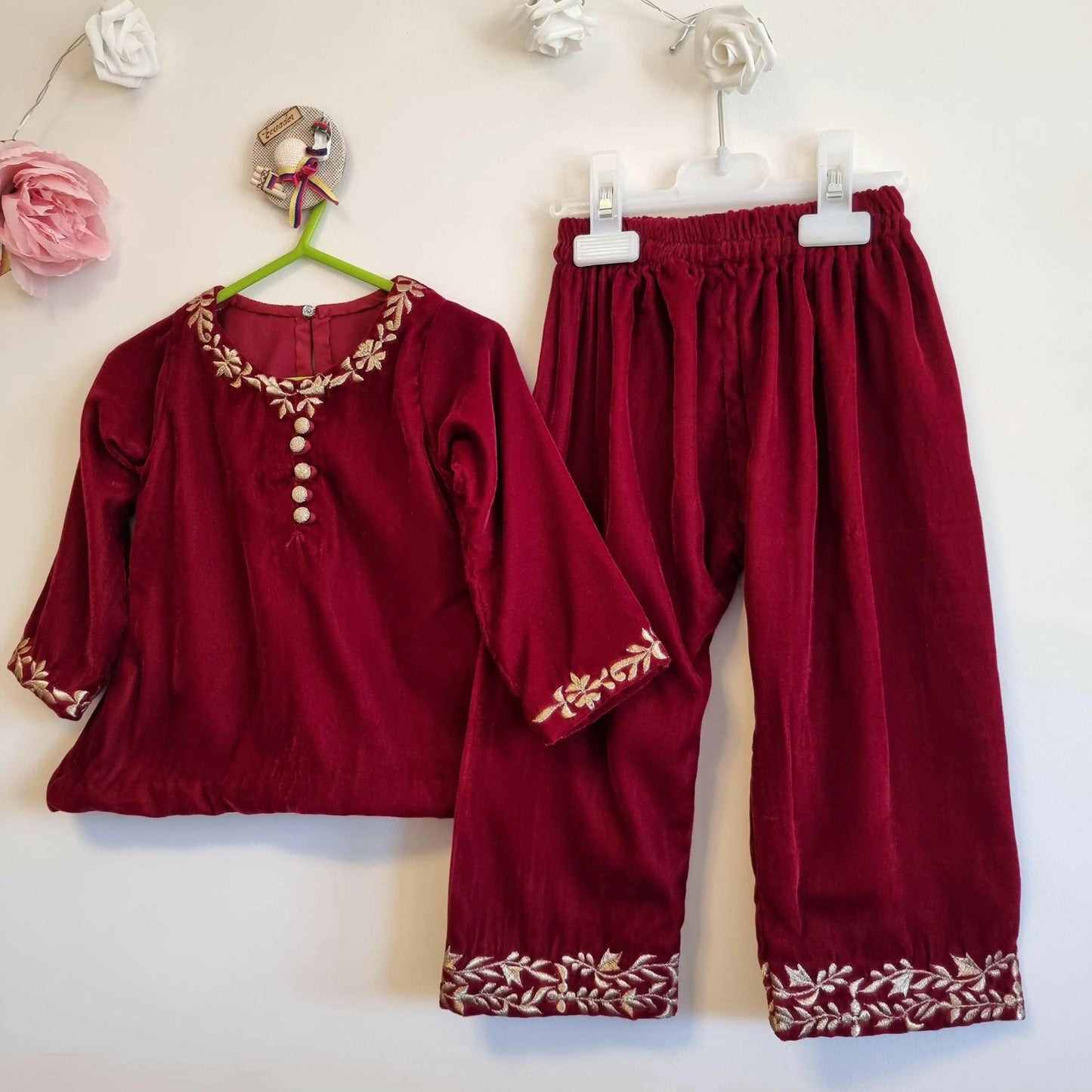 Maroon Velvet Winter Baby Girl Embroidered Outfit