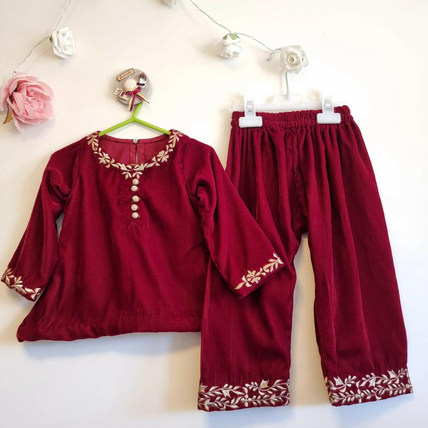 Maroon Velvet Winter Baby Girl Embroidered Outfit