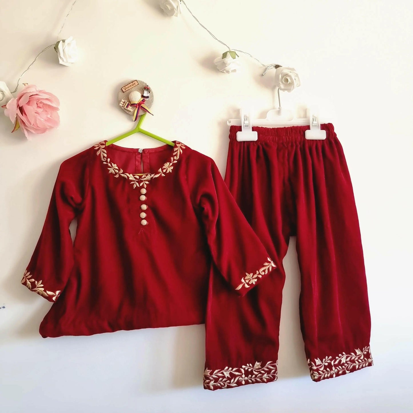 Maroon Velvet Winter Baby Girl Embroidered Outfit