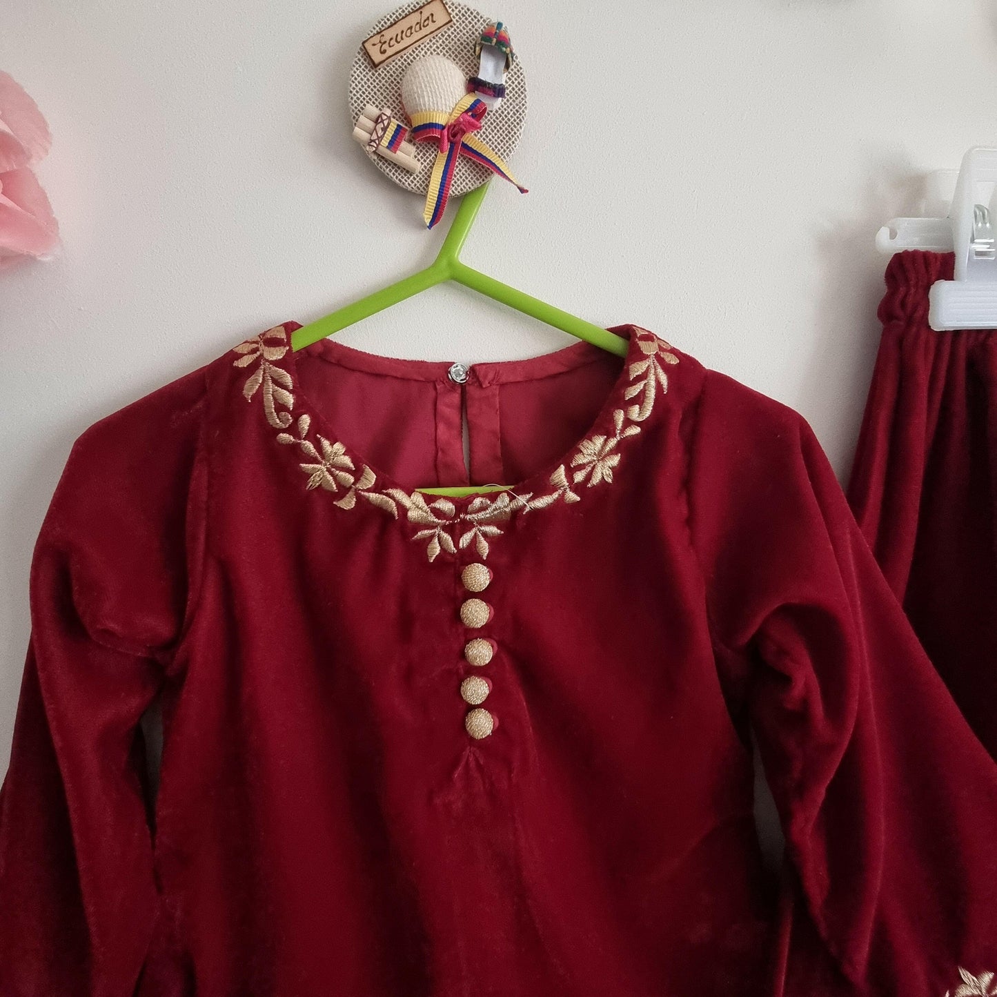 Maroon Velvet Winter Baby Girl Embroidered Outfit