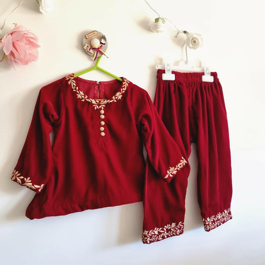 Maroon Velvet Winter Baby Girl Embroidered Outfit