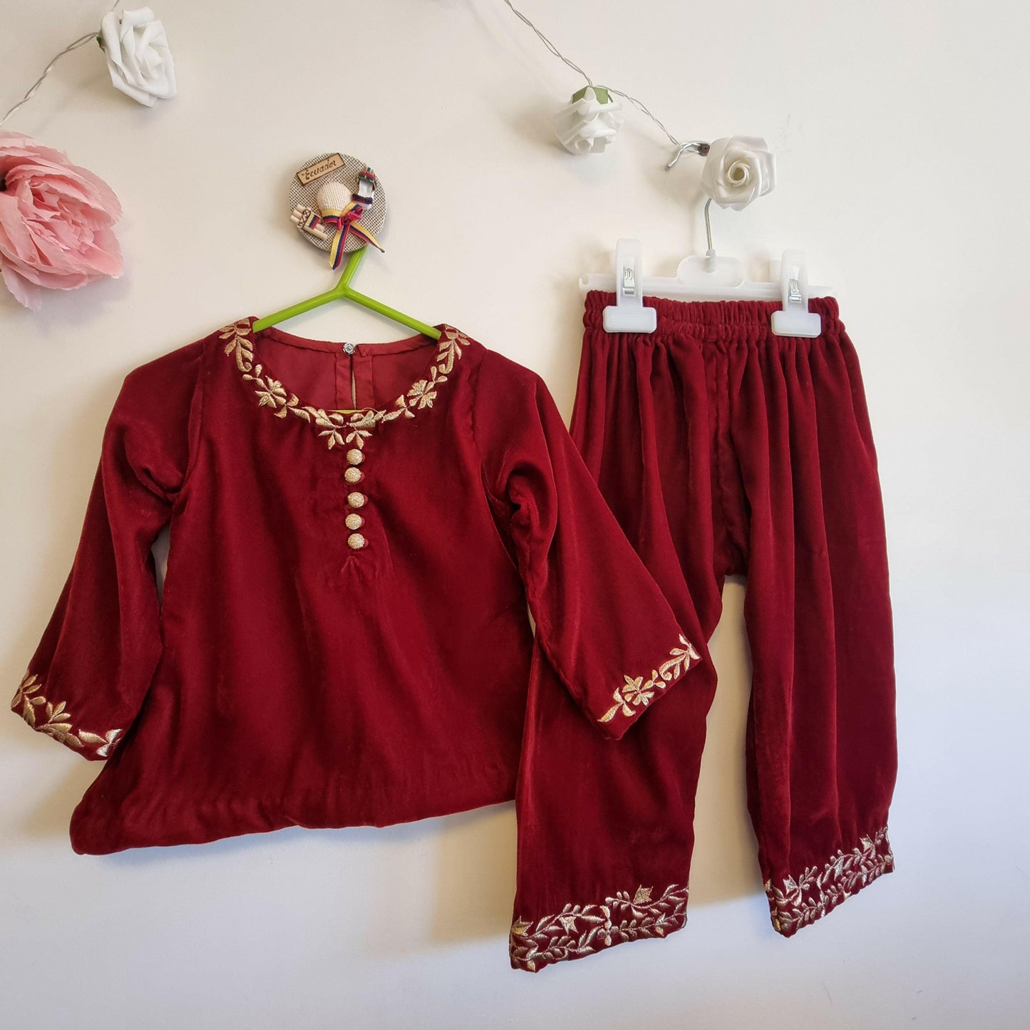 Maroon Velvet Winter Baby Girl Embroidered Outfit