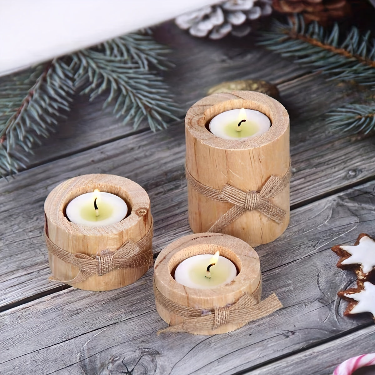 Elegant Wooden Cylindrical Candlesticks Set  Handmade Home Decor