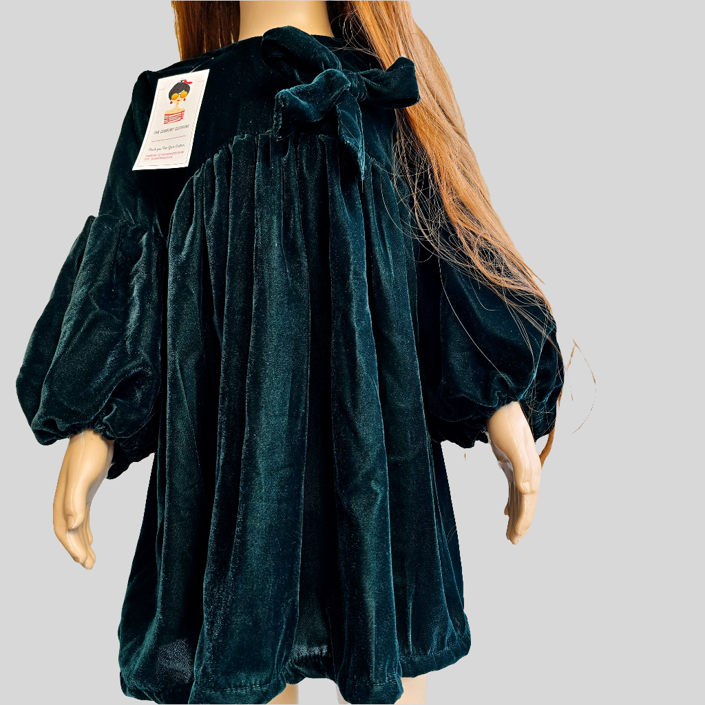 Baby Girl Bow Velvet Frock || Bottle Green Gathering Kids Western Ethnic Wear